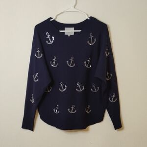Liv Milano Dark Blue Sweater with Silver Tone Anchor Details Size Medium